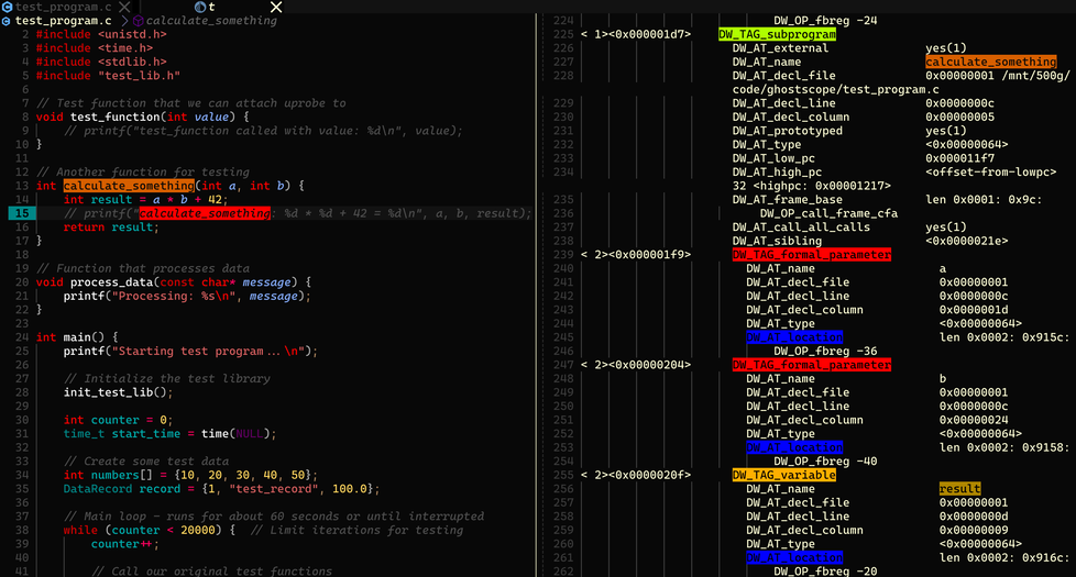 DWARF debug_info screenshot showing a function DIE and variable location information