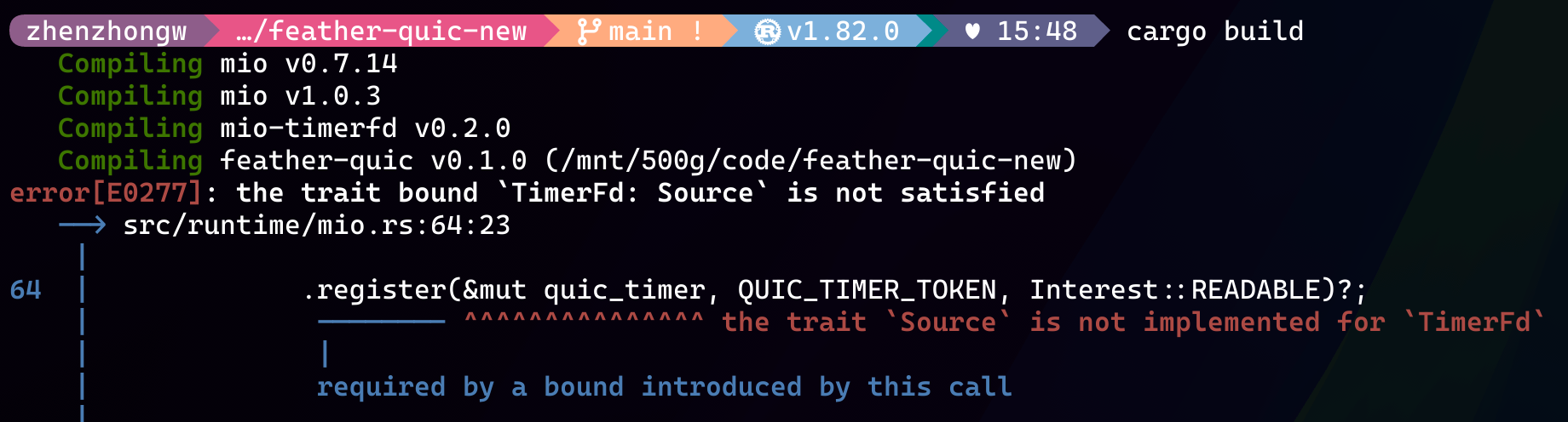 Rust 编译器提示 mio-timerfd 未实现 Source trait 的报错截图