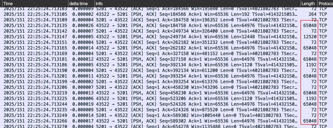抓包中出现超出网卡 MTU 的大 TCP 报文截图